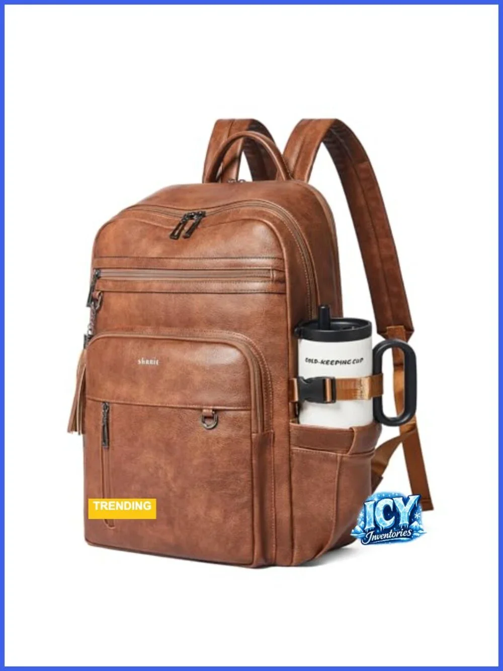 Vegan Leather Laptop Backpack with Anti-Theft Pocket and Tumbler Holder
